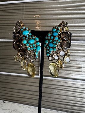 IRADJ MOINI Vintage Turquoise & Crystal Clip-On Statement Earrings
